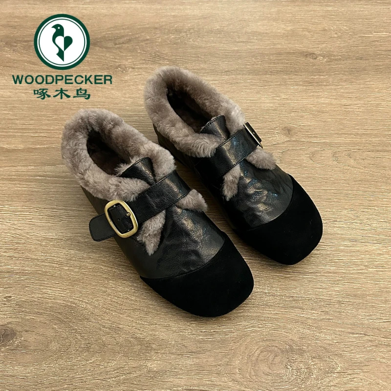 啄木鸟加绒保暖深口单鞋女2025秋冬季新款玛丽珍毛毛鞋平底乐福鞋