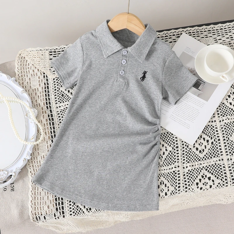 女童夏装连衣裙POLO领儿童洋气灰色翻领裙子中小童大童童装