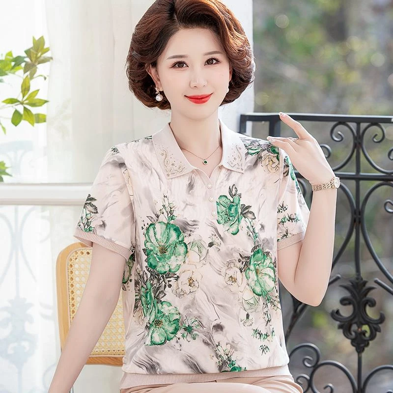 2025新款妈妈夏装冰丝短袖polo衫中老年女夏季t恤翻领母亲节衣服