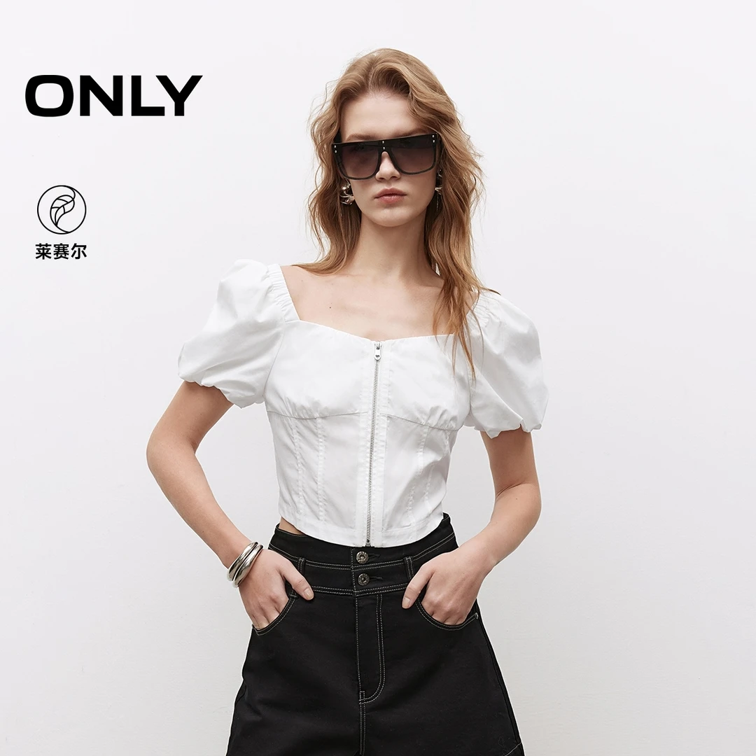 ONLY夏季轻奢“甜美泡泡袖”拉链短款收腰雪纺衫女品牌|125241001