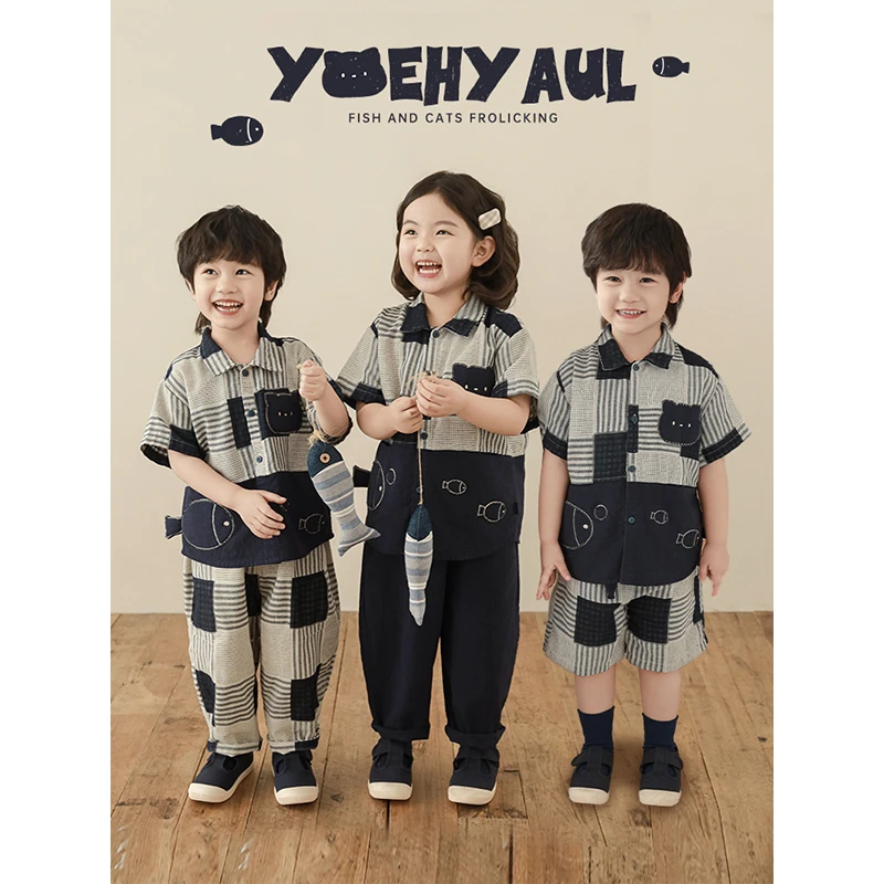 YOEHYAUL/幼悠【猫咪吃鱼】春三波儿童格子男童休闲短裤 GN5935