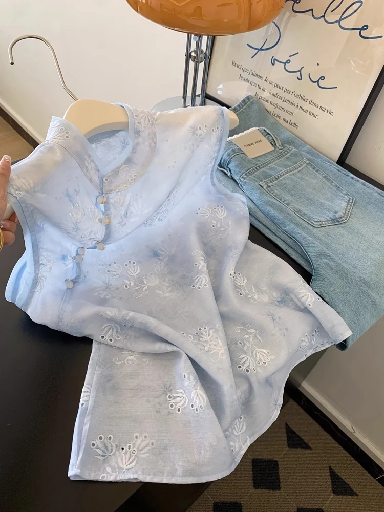 新中式国风盘扣钩花镂空刺绣无袖衬衫女气质设计感上衣2025夏新款