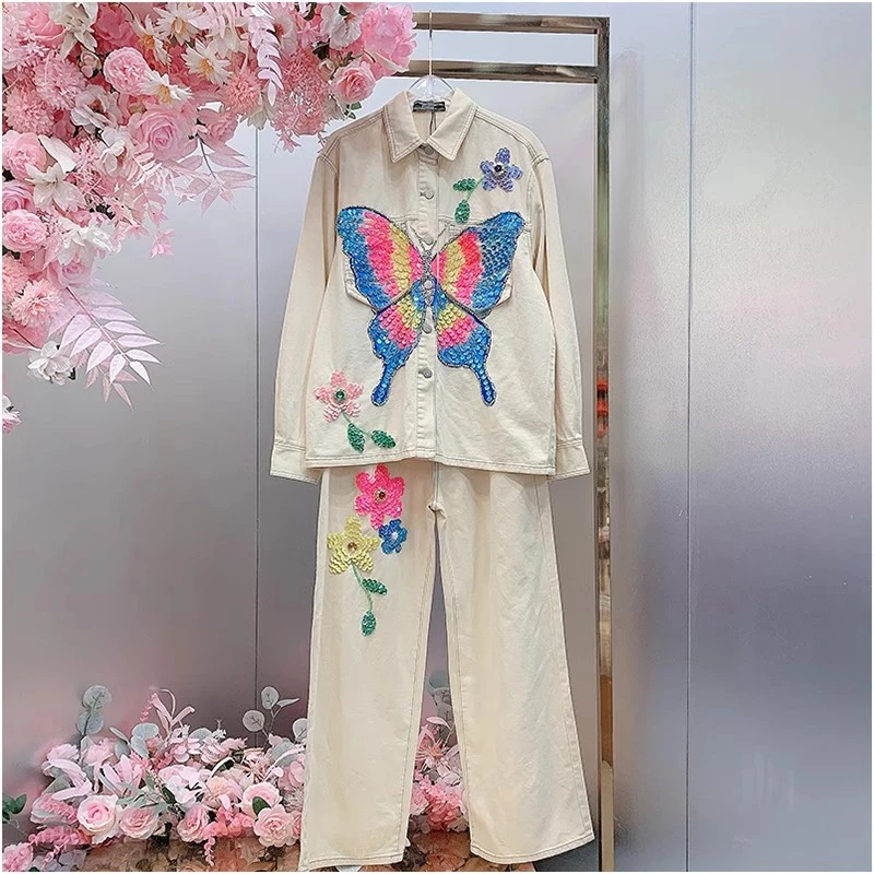 A1127欧美设计师2025早春新款重工手绘蝴蝶亮片花朵休闲牛仔套装