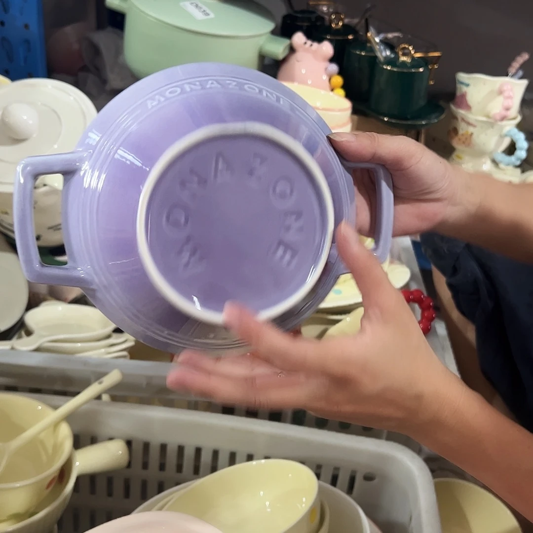 瓷片摩登紫色双耳碗一个微瑕