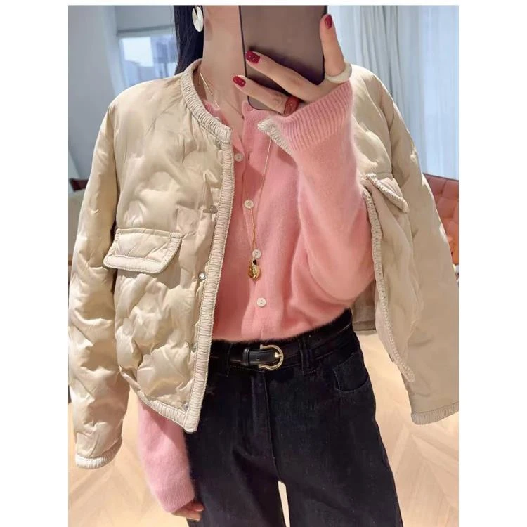 优雅小香风设计感轻薄棉服圆领短款保暖外套女秋冬新