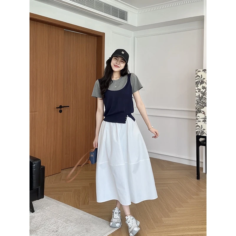 张阿星【悠闲度夏】假两件撞色圆领百搭T+白色遮肉半裙  W425S09427