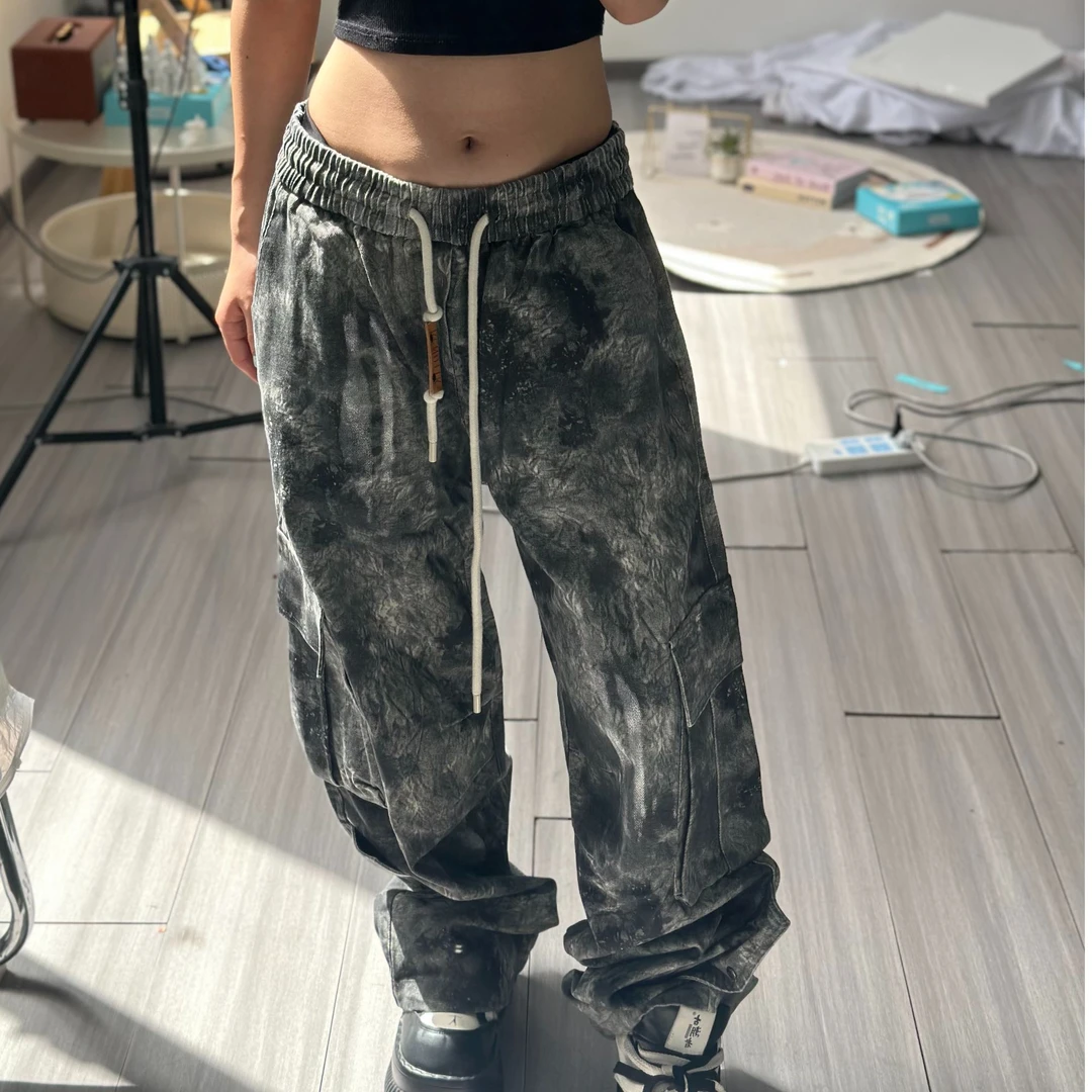 十三姨春夏款女款复古做旧灰色美式抽绳工装裤