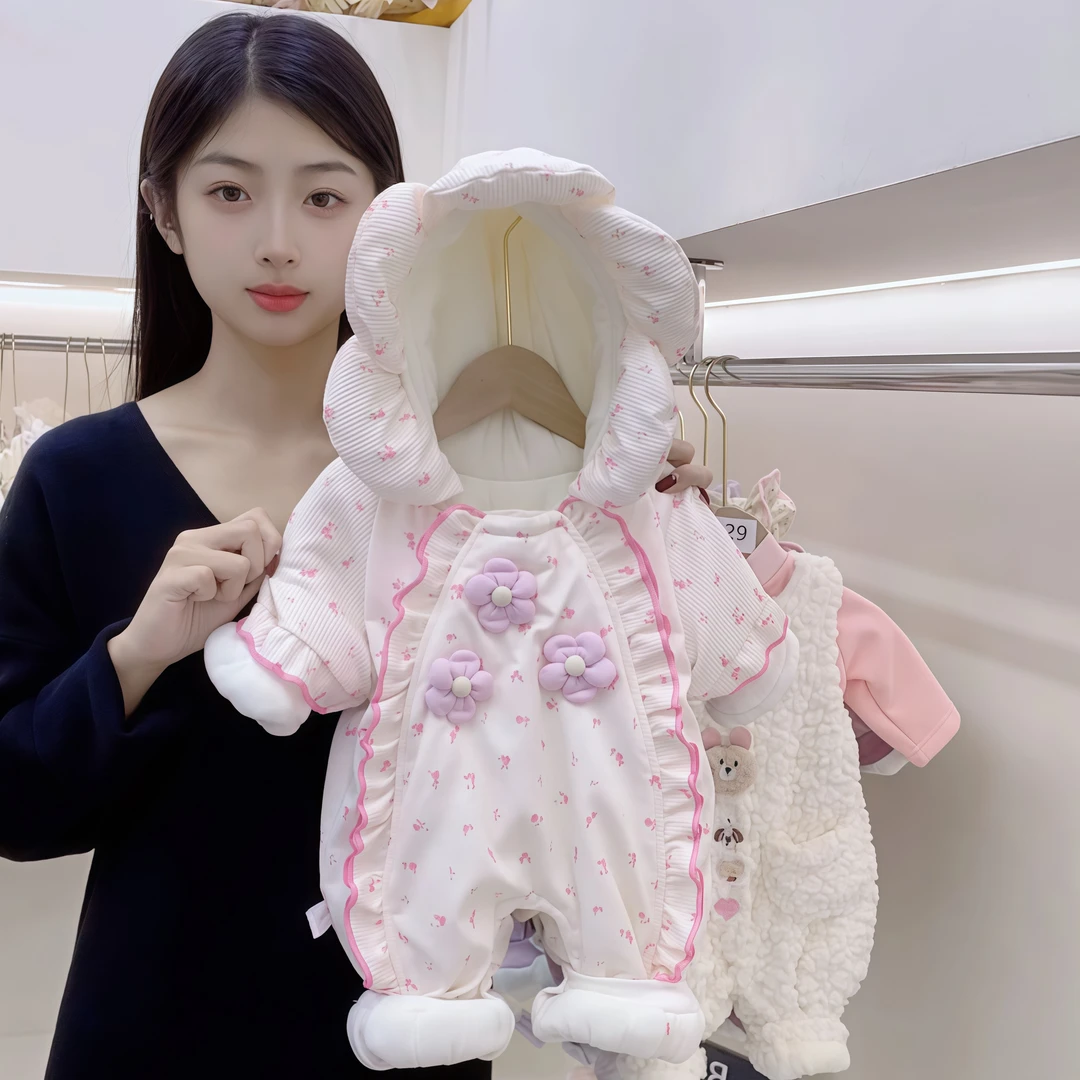 婴儿连体衣棉服小公主超萌爬服新年衣服宝宝抱衣洋气新生儿衣服潮