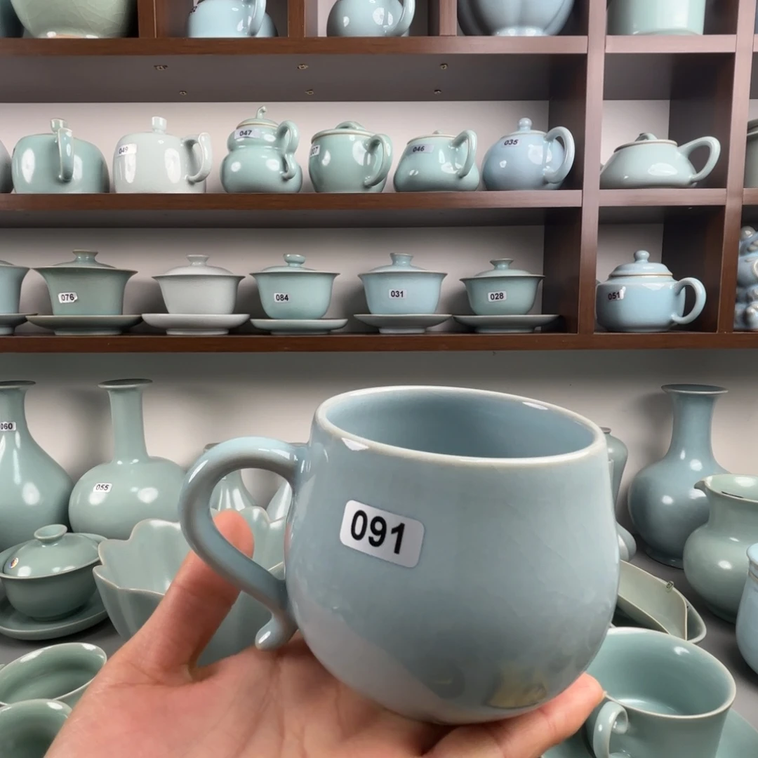 用***6摆件陶汝瓷马克杯支钉烧天青釉091