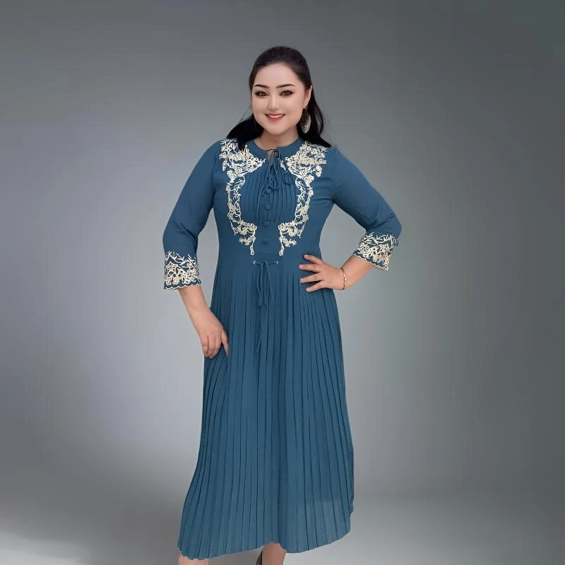 飘逸百褶裙长裙时尚连衣裙休闲风显瘦长袖高腰裙子