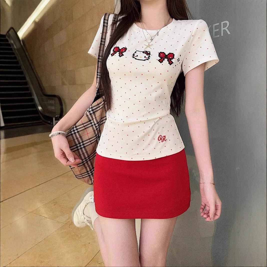 小众露肩kitty猫印花波点短袖T恤女夏季显瘦半身裙红色短裙两件套