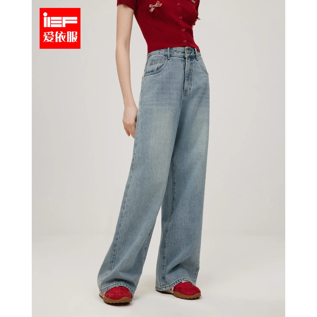 IEF/爱依服裤子2025春季新款港式复古风牛仔阔腿裤欧若风