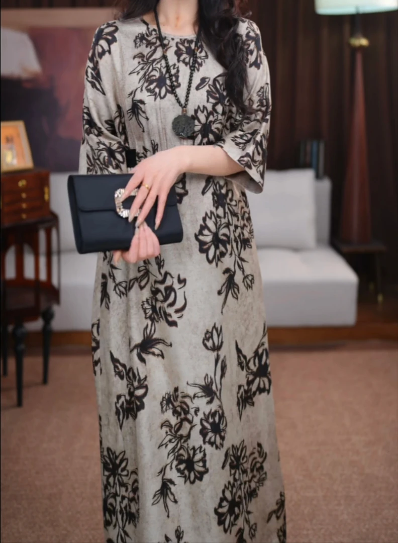 【月望】香云纱长款百搭时尚宽松夏季花新中式气质国风连衣裙