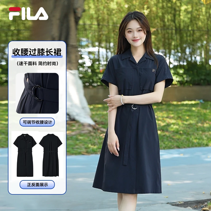 Fila/斐乐SP女风感波粒收腰过膝长裙时尚百搭连衣裙F61W523303A