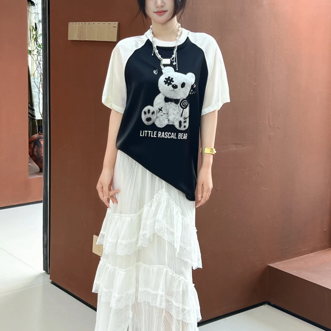 现货原~Bahati［100%桑蚕丝小熊插肩T恤］黑白撞色气质百搭短袖上衣