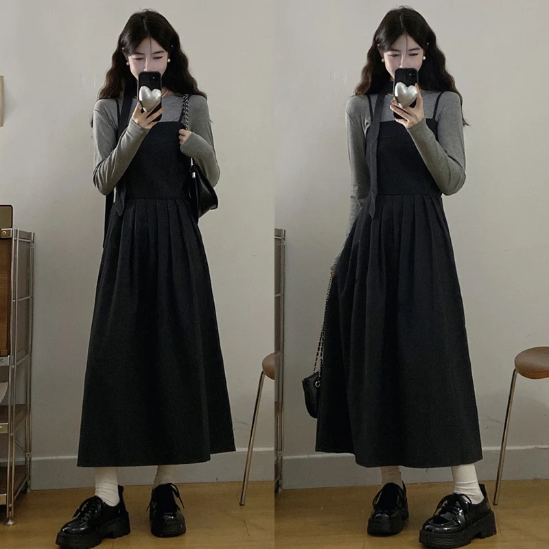 大码胖mm女装法式气质收腰显瘦连衣裙显瘦打底衫长袖套装女
