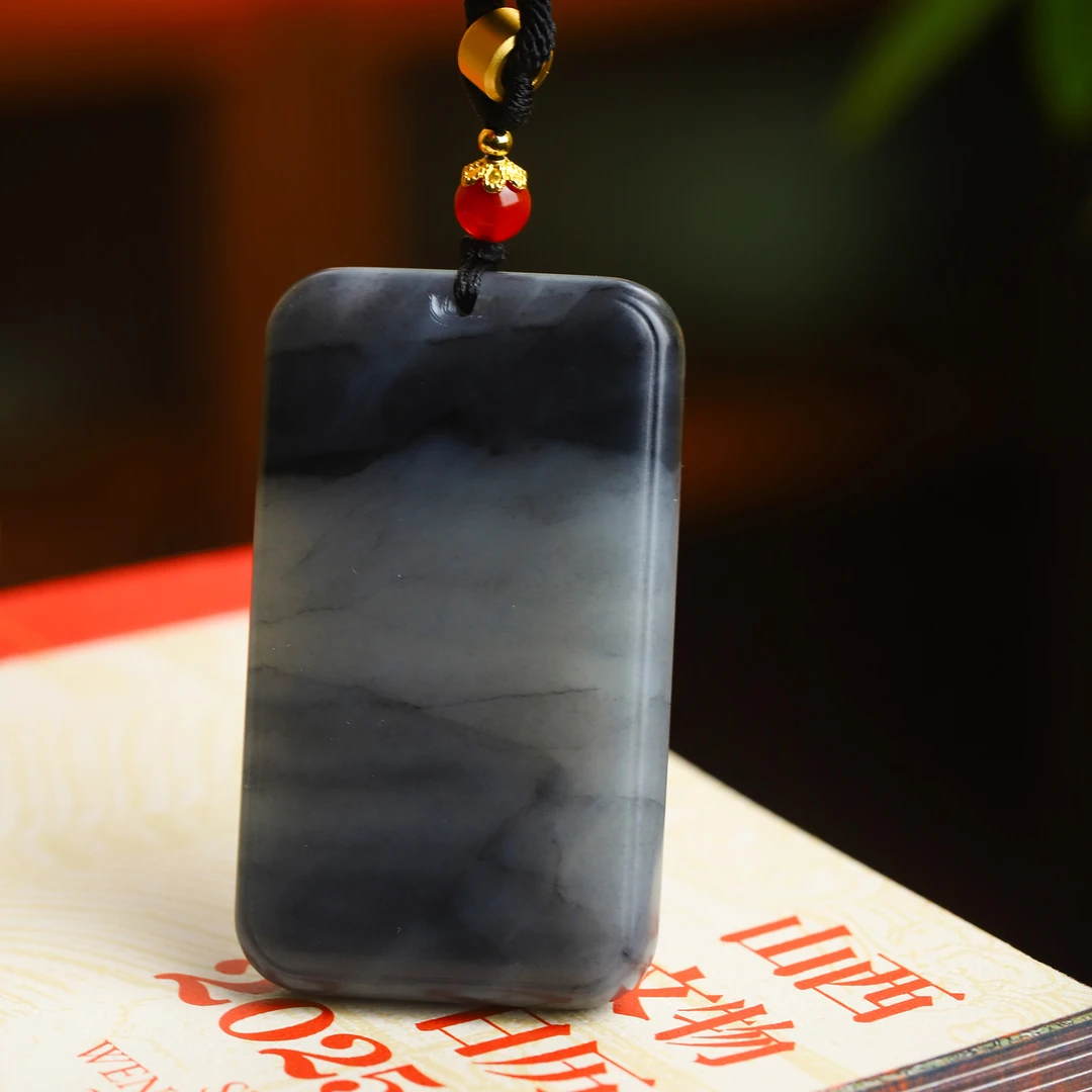 和田玉青花意境山水无事牌雕刻吊坠