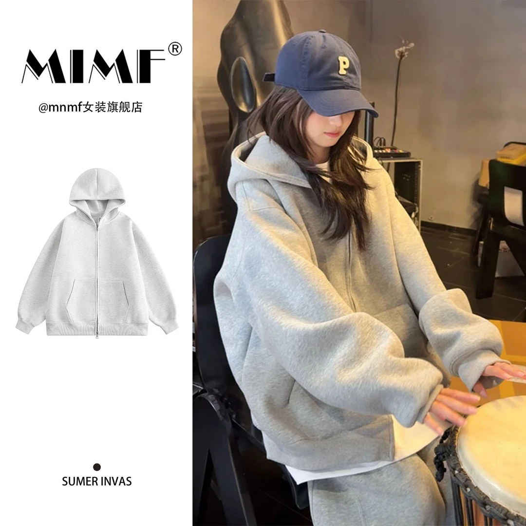 mnmf重磅开衫卫衣男女25春季新款灰慵懒百搭宽松纯色上衣连帽外套