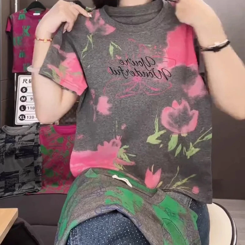 灰色纯棉欧风显瘦短袖T恤高档洋气别致扎染印花休闲春游出行衣服