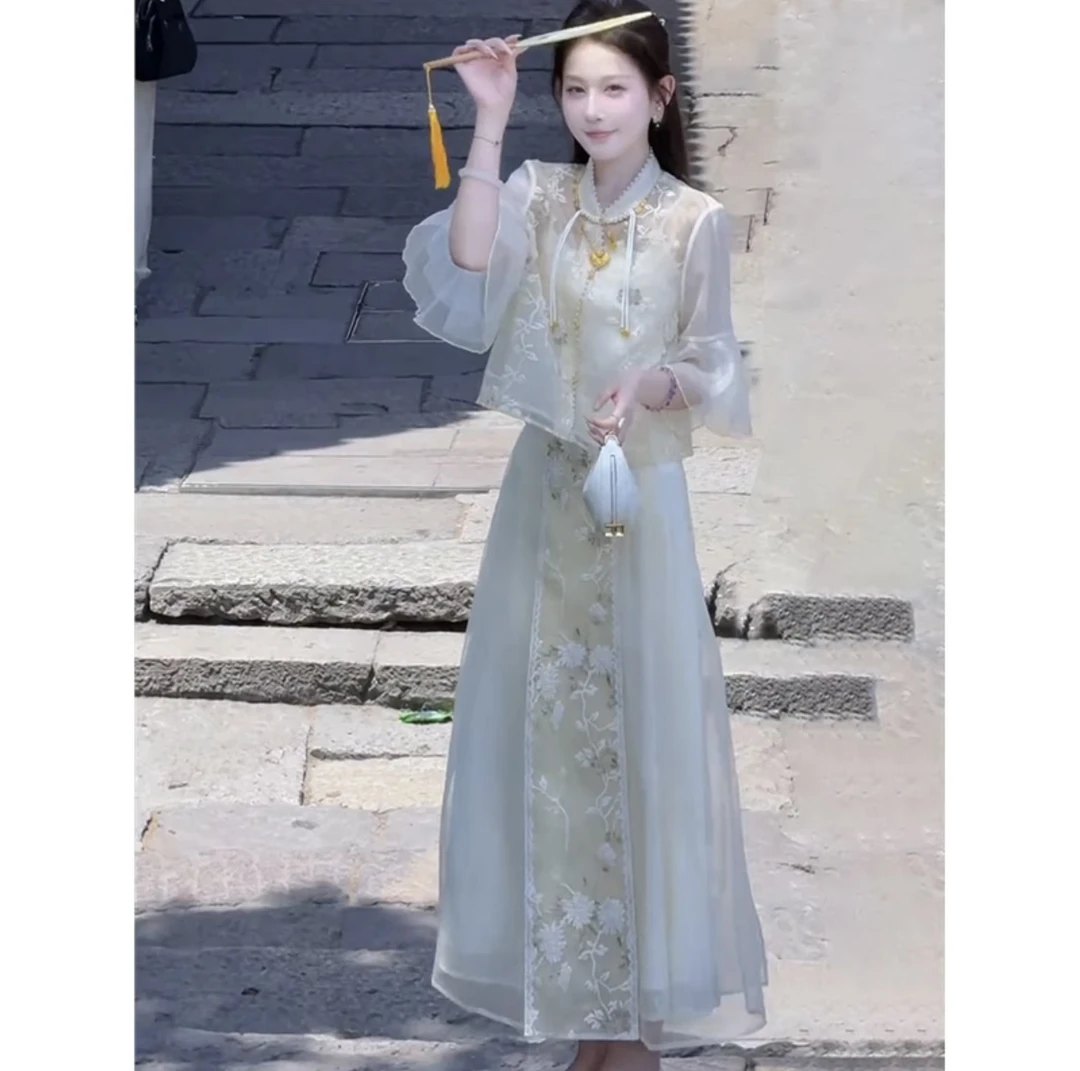 夏季贵气感穿搭上流社会轻奢高级感超火新中式国风黄色连衣裙套装