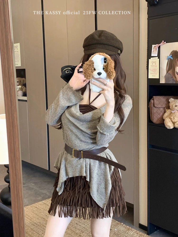 2025新款设计感荡领不规则针织衫毛衣女挂脖背心秋季上衣