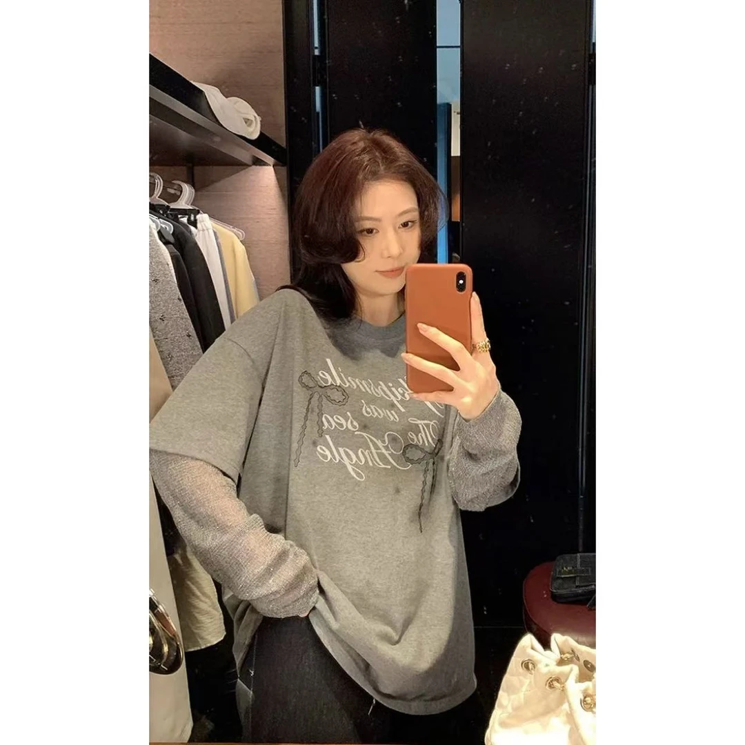 【NAZ大码微胖定制】春秋设计感假两件圆领印花宽松时尚长袖T