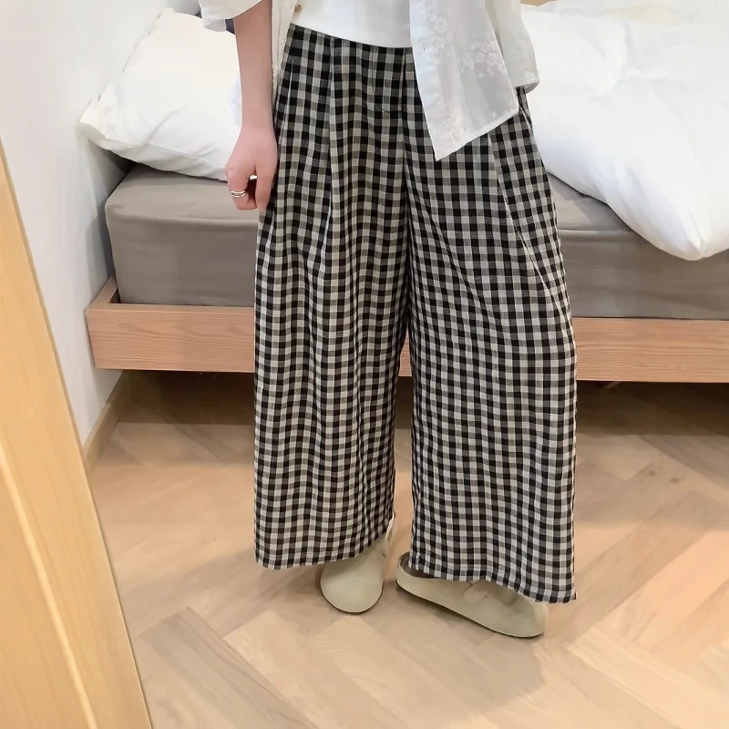 格子裤女夏季薄款亚麻透气舒适阔腿裤女遮肉显瘦高腰休闲裤九分裤