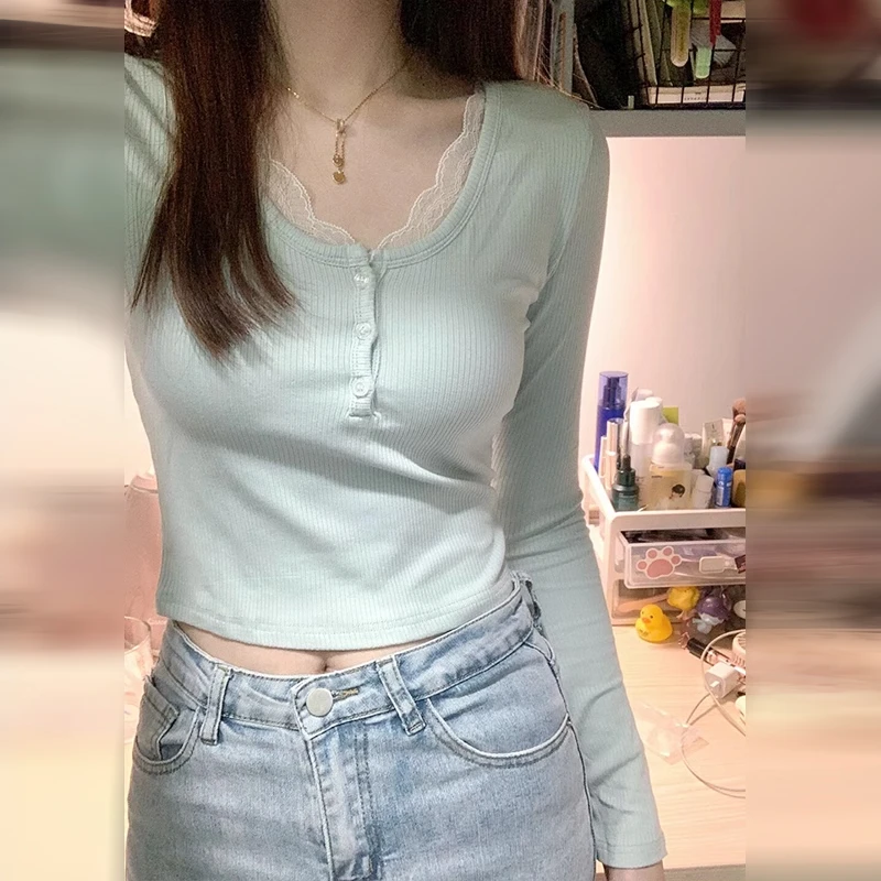 蕾丝螺纹长袖t恤女2025秋冬新款洋气打底衫内搭纯欲修身短款上衣