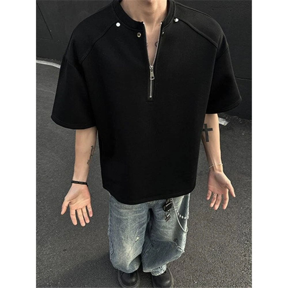 美式重磅亨利半拉链短袖高级感正肩上衣遮肉显身材修身短款T恤男