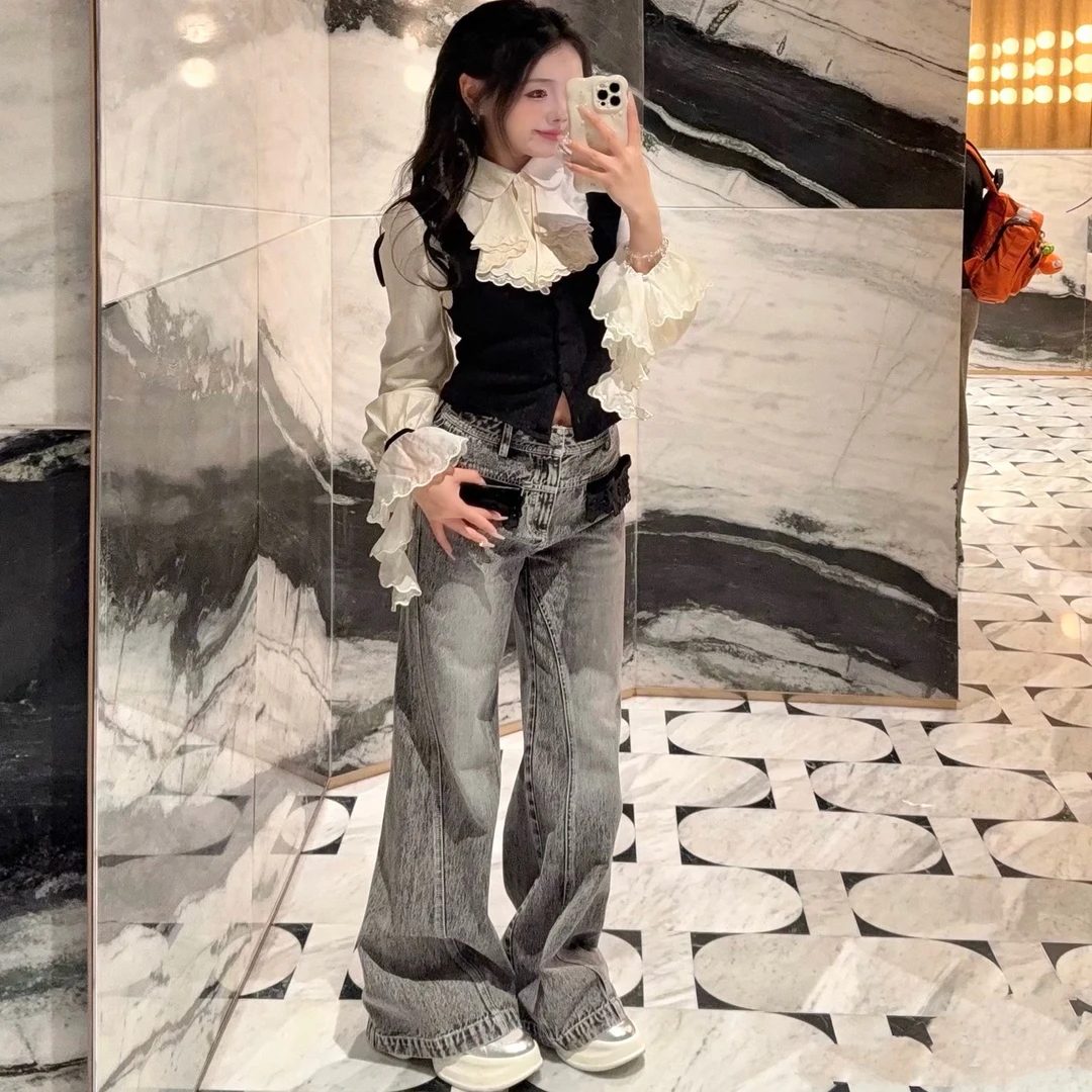 法式复古）蕾丝刺绣高腰水洗复古牛仔裤女显瘦百搭修身长款汉服