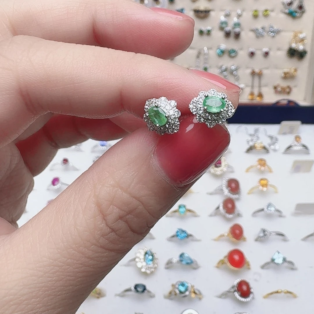 祖母绿耳饰银S925镶嵌耳钉