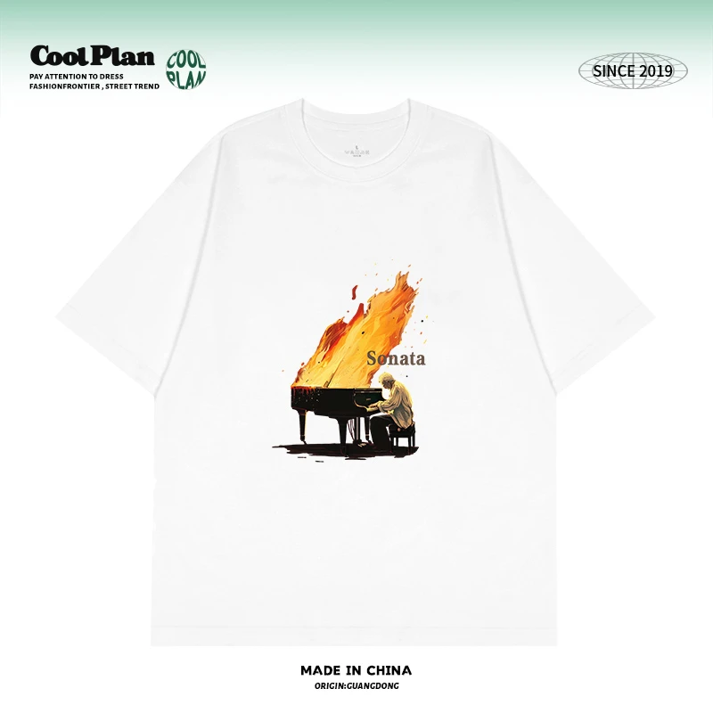 【失火的钢琴】创意美式soloT恤纯棉宽松短袖男女文艺小众潮男女