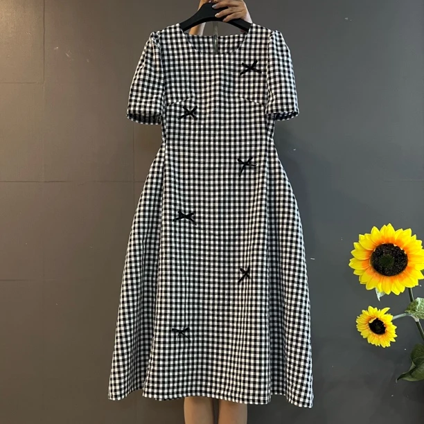 法式小清新优雅显瘦圆领蝴蝶结中长款气质格子连衣裙