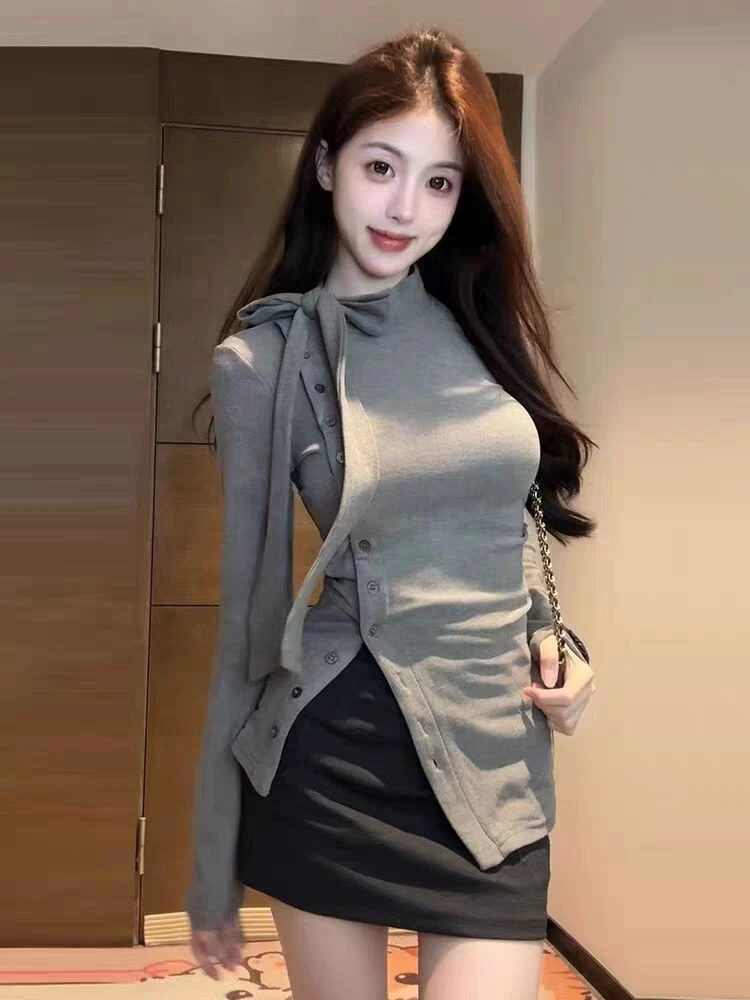 法式秋冬内搭设计感系带中领打底衫女长袖T恤新款小众不规则上衣