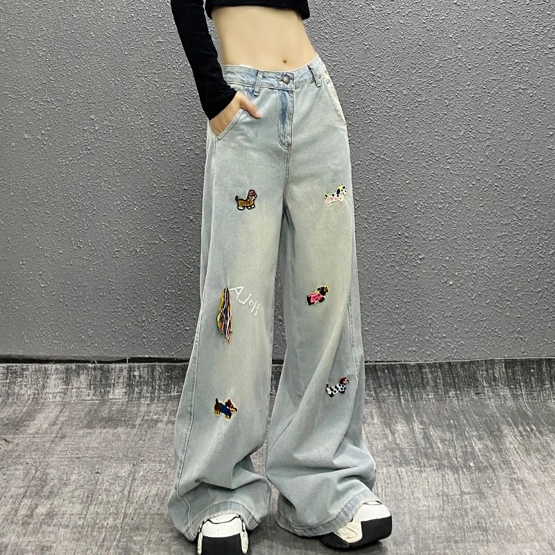 个性卡通设计垂感牛仔裤女春新款高腰宽松显瘦百搭直筒阔腿拖地裤