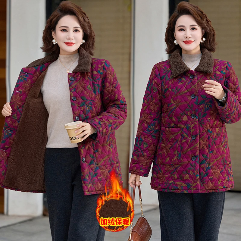 冬装新款翻领加绒加厚棉袄保暖妈妈装棉服中老年女装大码棉衣外套