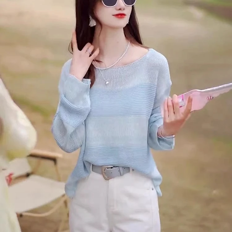 薄款条纹圆领长袖针织衫2025早秋新款防晒千金清冷财阀千金女装
