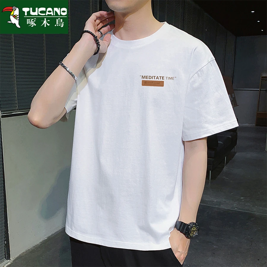 啄木鸟夏季男士纯棉重磅短袖t恤男宽松圆领潮流韩版印花大码半袖