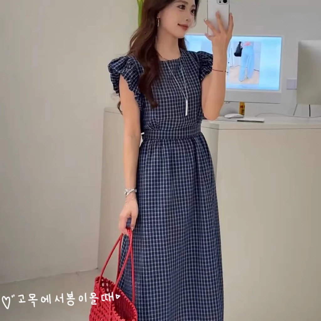 格子连衣裙女生夏季韩版