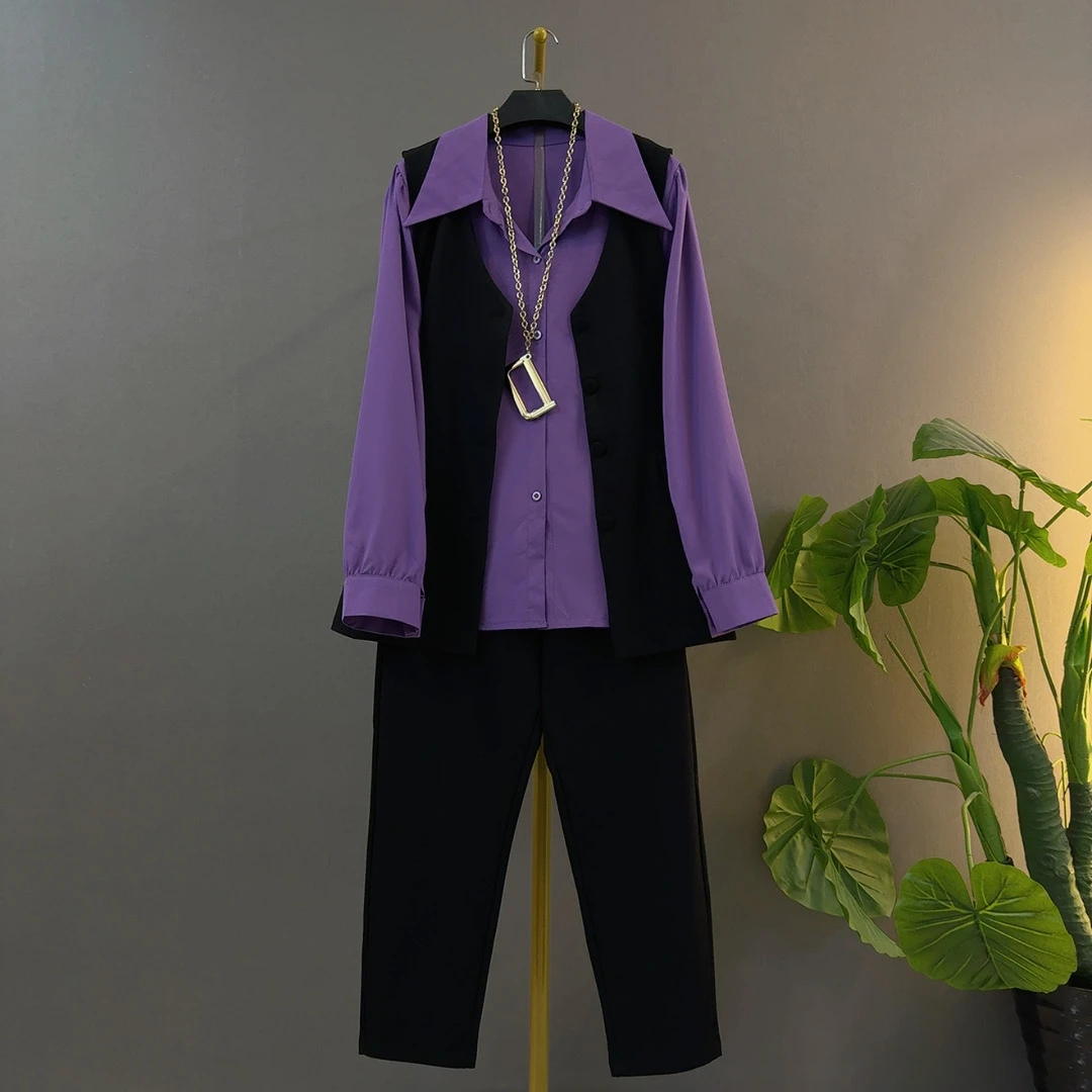 胖mm时尚简约气质衬衫马甲长裤休闲遮肉显瘦大码女装三件套