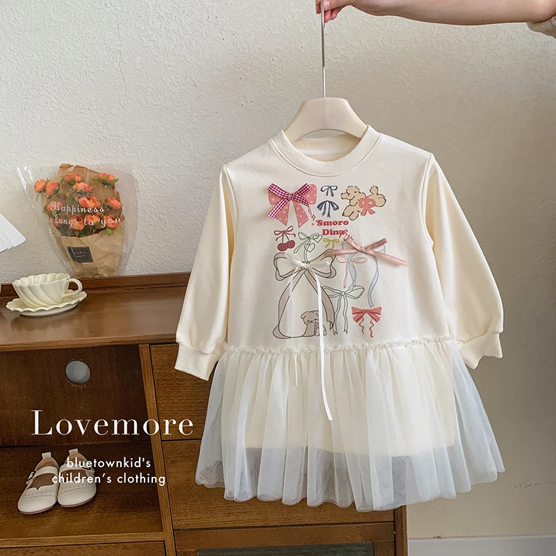 2025春”甜蜜暴击”女童蝴蝶结印花卫衣连衣裙6652