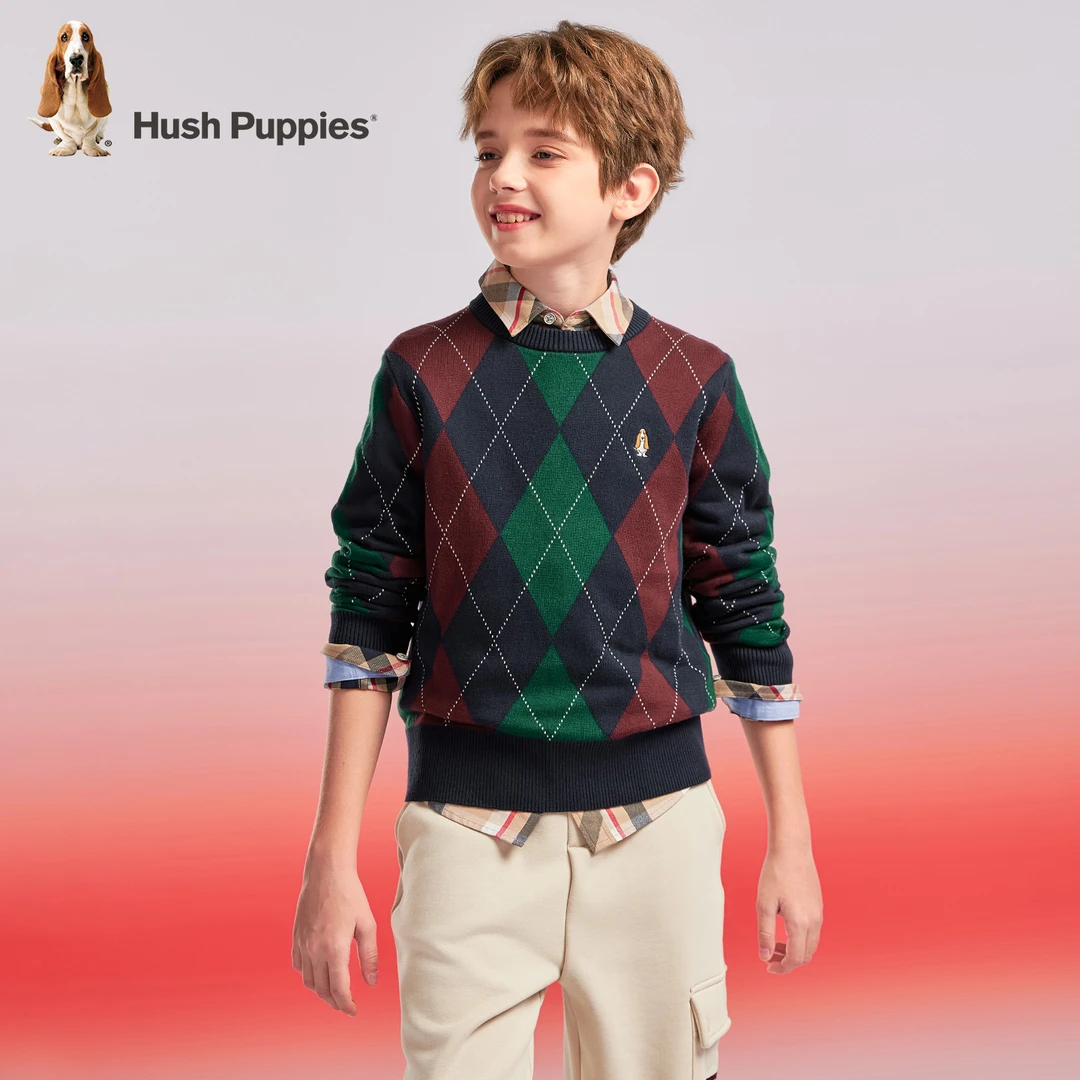 暇步士童装2025年秋季新款菱形格圆领舒适简约气质休闲感套头线衣