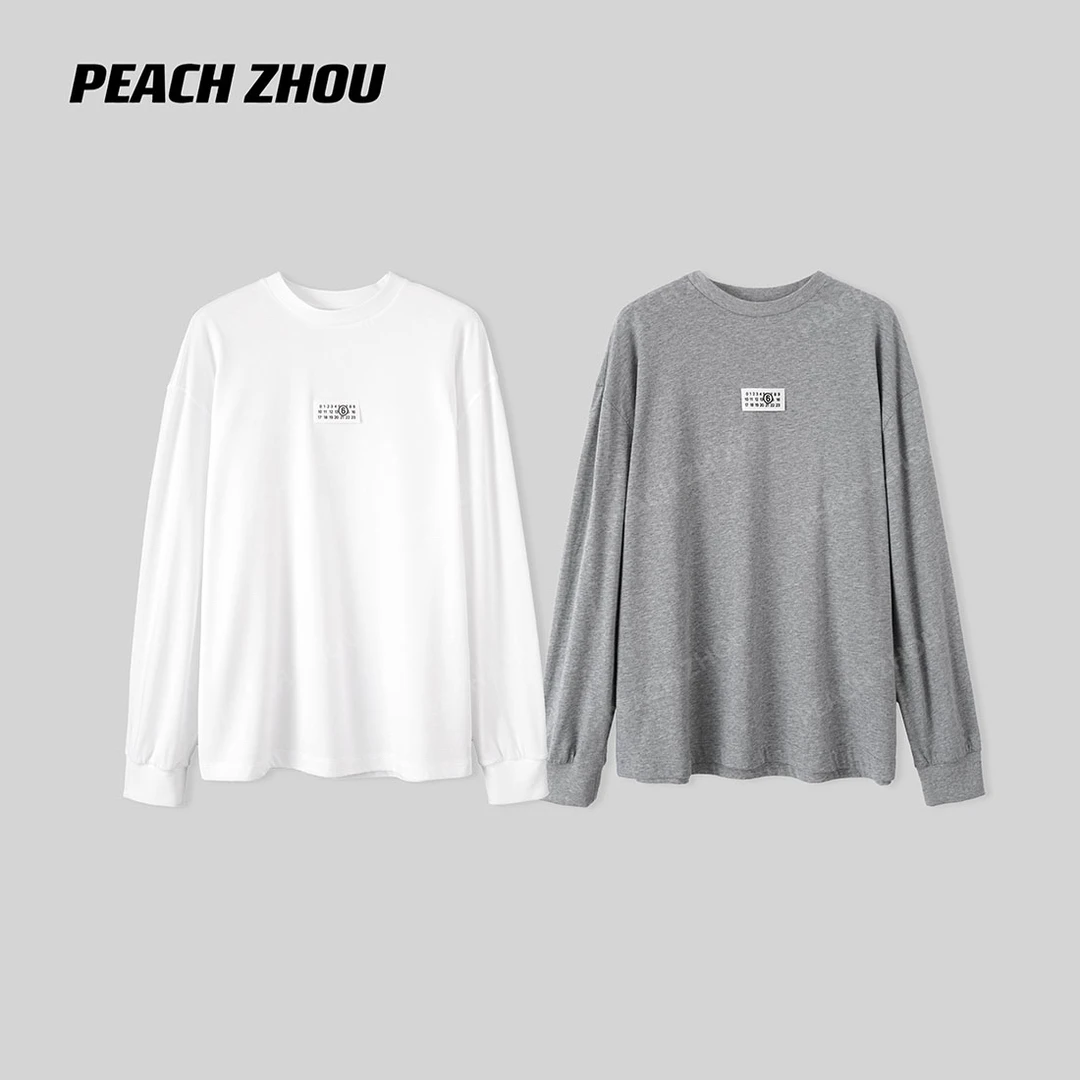 『PEACHZHOU』150g软棉日历数字标签宽松圆领长袖简约休闲内搭T恤女