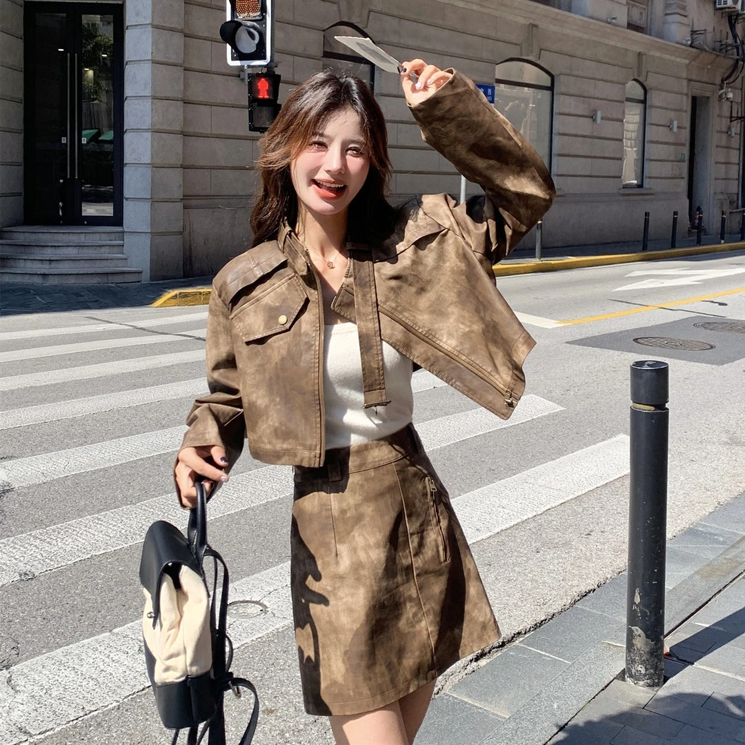 美拉德皮衣外套短裙套装女秋季新款一整套韩系穿搭高级两件套