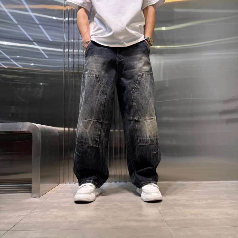 冬季新款加厚男士水洗拼接直筒牛仔裤美式做旧阔腿休闲直筒长裤