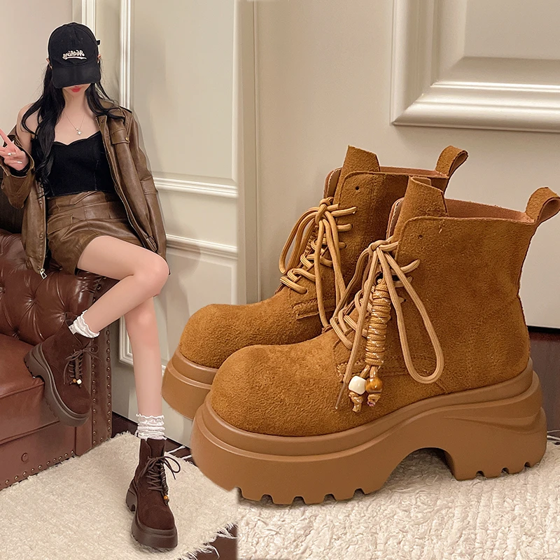 真皮复古靴子牛皮秋冬系带大黄靴潮流真皮复古靴子牛皮秋冬系带