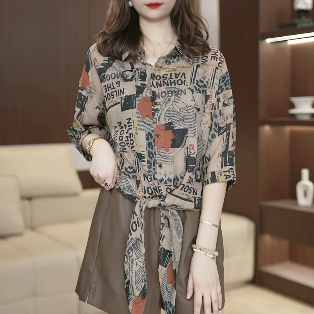 字母文艺风系带短袖衬衫女2025夏独特印花上衣休闲薄款防晒衣3103