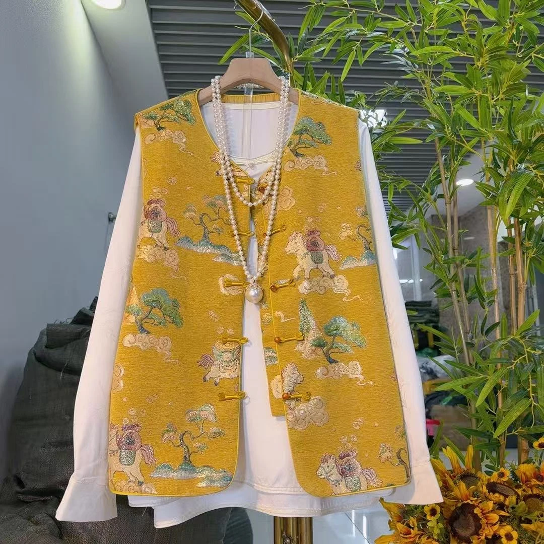 新中式国风提花马甲中国风小衫套装微胖女装改良民族风唐装2652