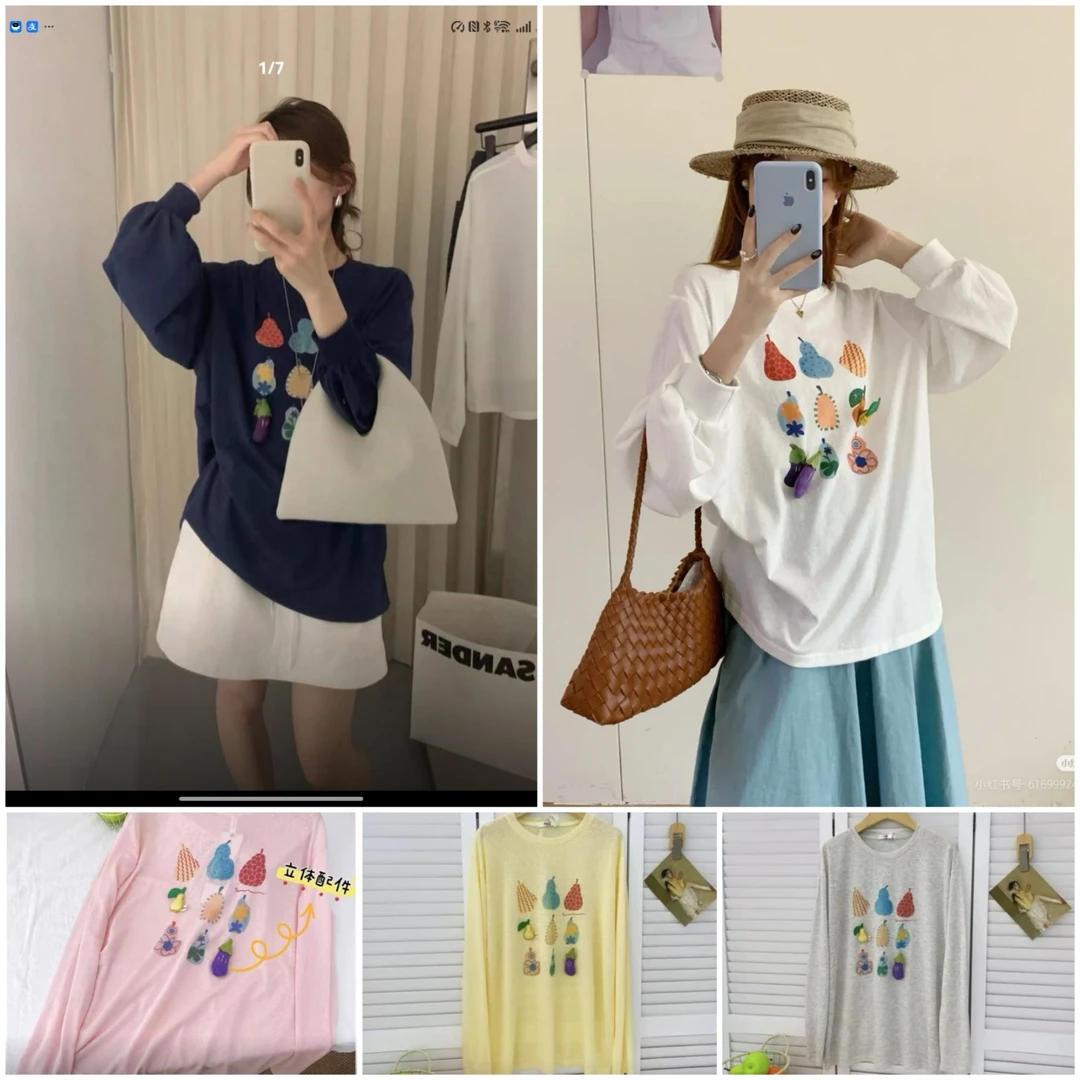 100棉早秋新款韩系慵懒简约立体挂件T恤宽松休闲日常百搭打底8837