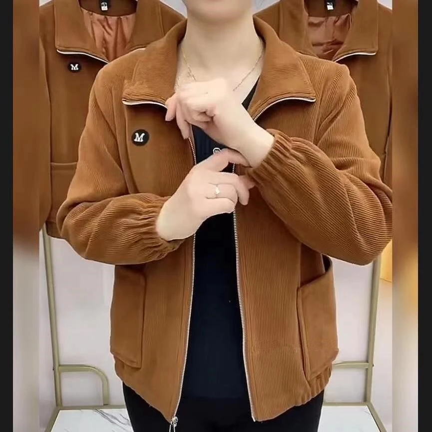 2025年春秋季新款妈妈灯芯绒外套女长袖大码宽松拉链衫纯色上衣